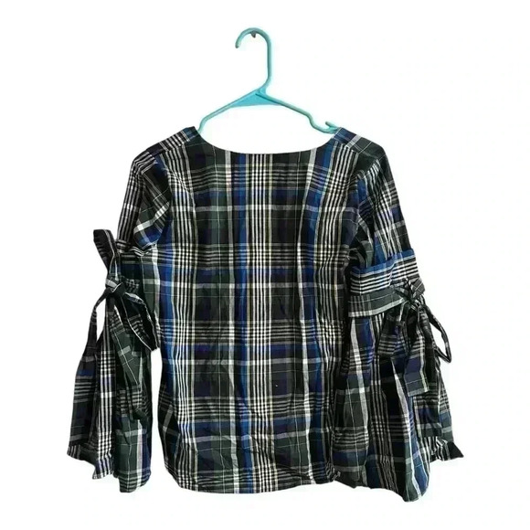 GIANNI BINI Serena Blouse Blue Checkered Bell Sleeves Sz XS NEW - Picture 8 of 8